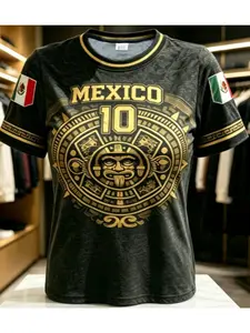 2026 New Mexican Aztec Calendar Print Cultural Unisex Summer Short Sleeve Round Neck T-Shirt, Vintage Gold Ethnic Pattern, Quick-Dry Breathable