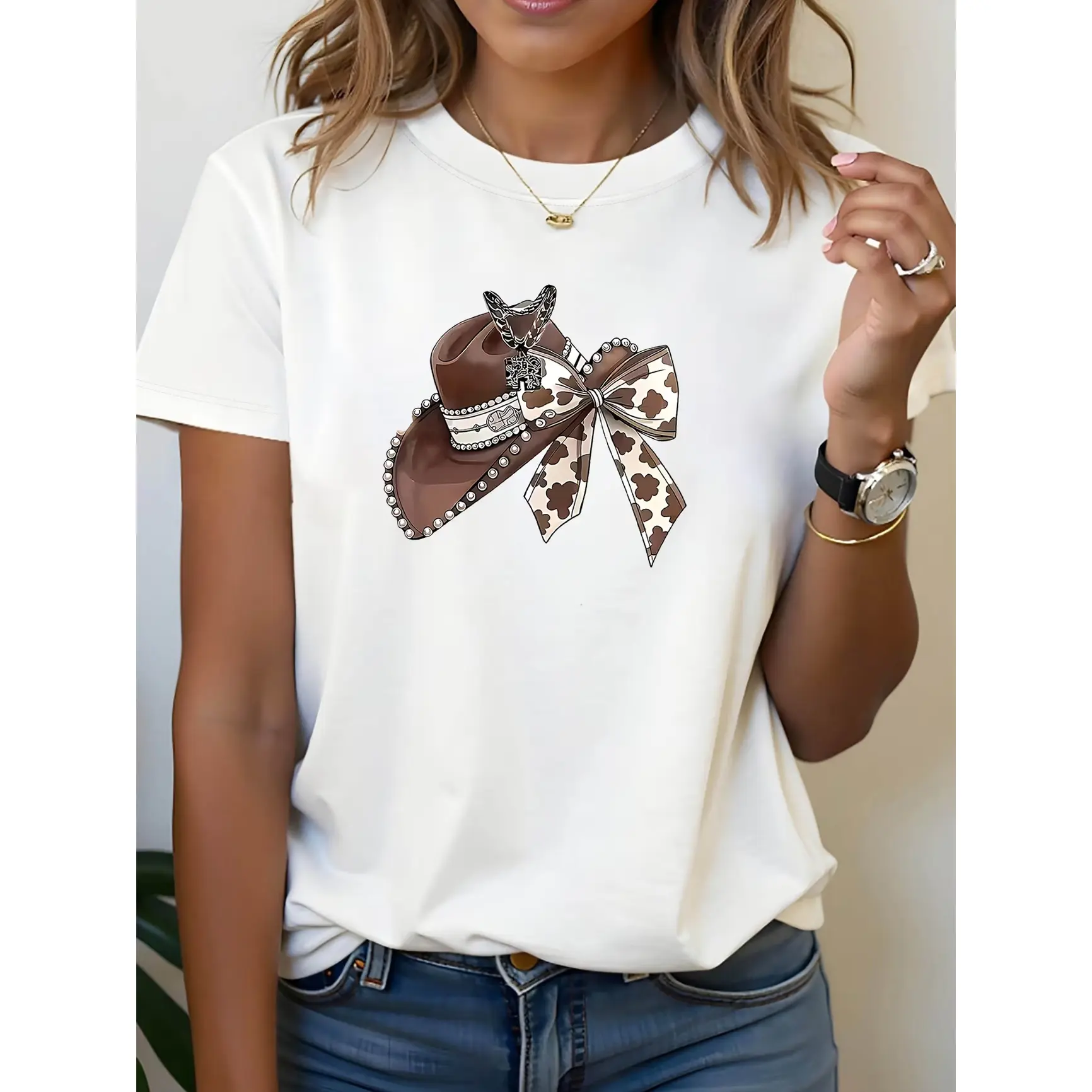Cowgirl Cow Print Bow Cowboy Hat Graphic Oversized Cotton T‑Shirt, Cute Western Outfit, Fashion Comfort Tee, Perfect Holiday Gift For Her, Best Present For Country Lover Family Friends
