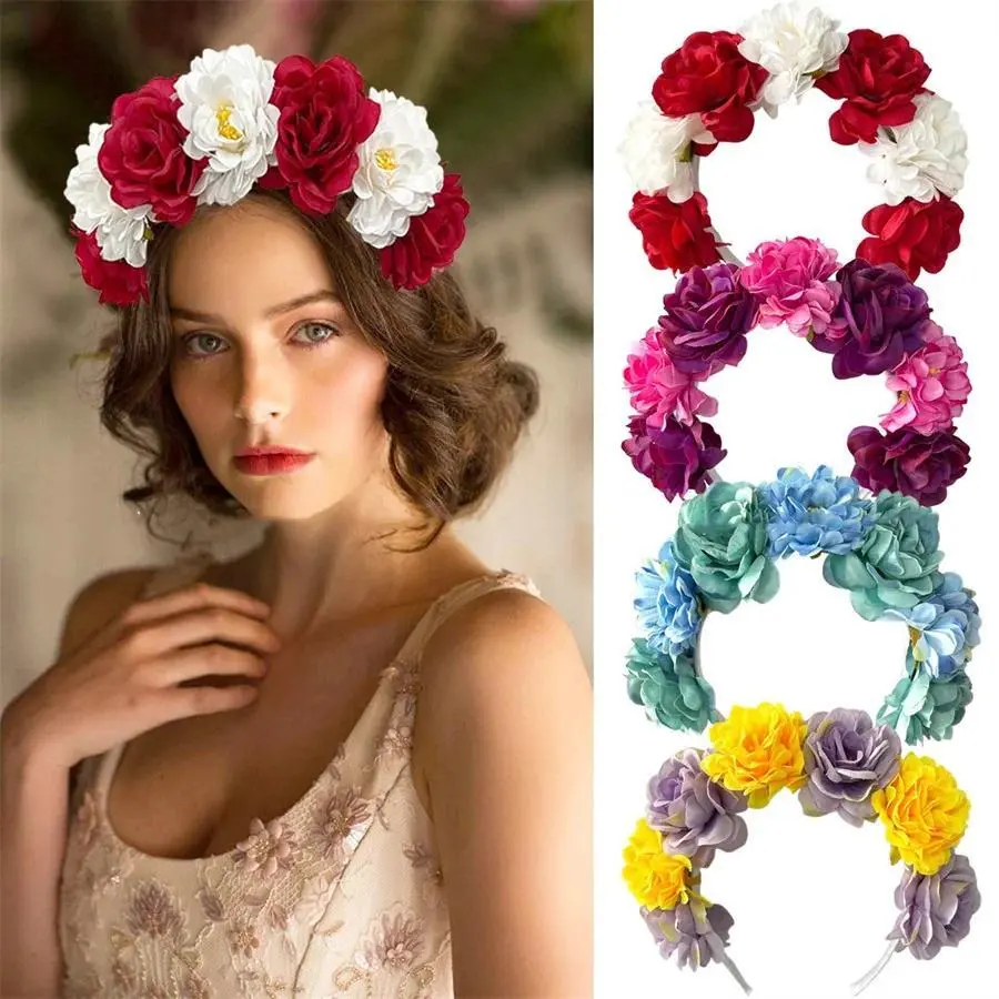 New Fashionable Mexican Floral Headband Rose Peony Headband Cosplay Costume Party Holiday Hair Garland Wedding Decoration Gift