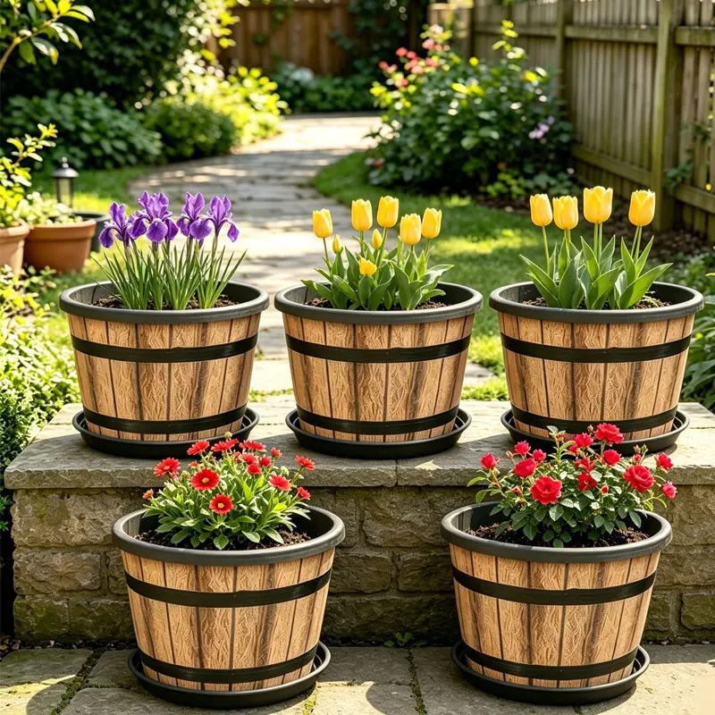5 Piece Set Whiskey Planter Vintage Barrel Shape Plastic Flower Pot with Tray, Retro Design Decorative Plant Container, Home Garden Accessory, Garden Planters