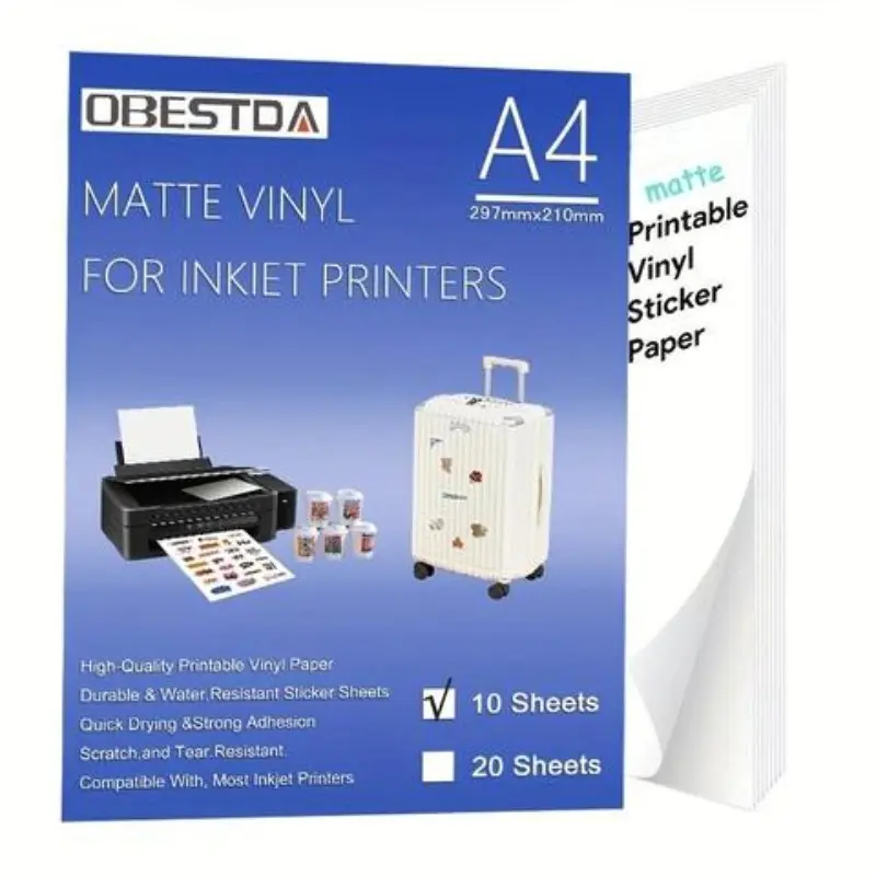 10 sheets of glossy/matte waterproof Printable vinyl sticker paper A4 tear resistant label stickers, suitable for inkjet or laser printers and Cricut cutting machines
