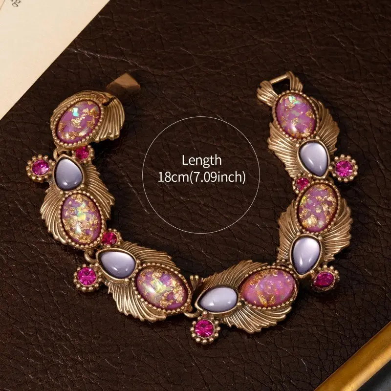 Women's Vintage Feather Charm Bangle - Retro Purple Opal Gold Flakes Bracelet with Luxury Rhinestones, Antique Link Chain Cat Eye Jewelry, Ideal Gift for Women