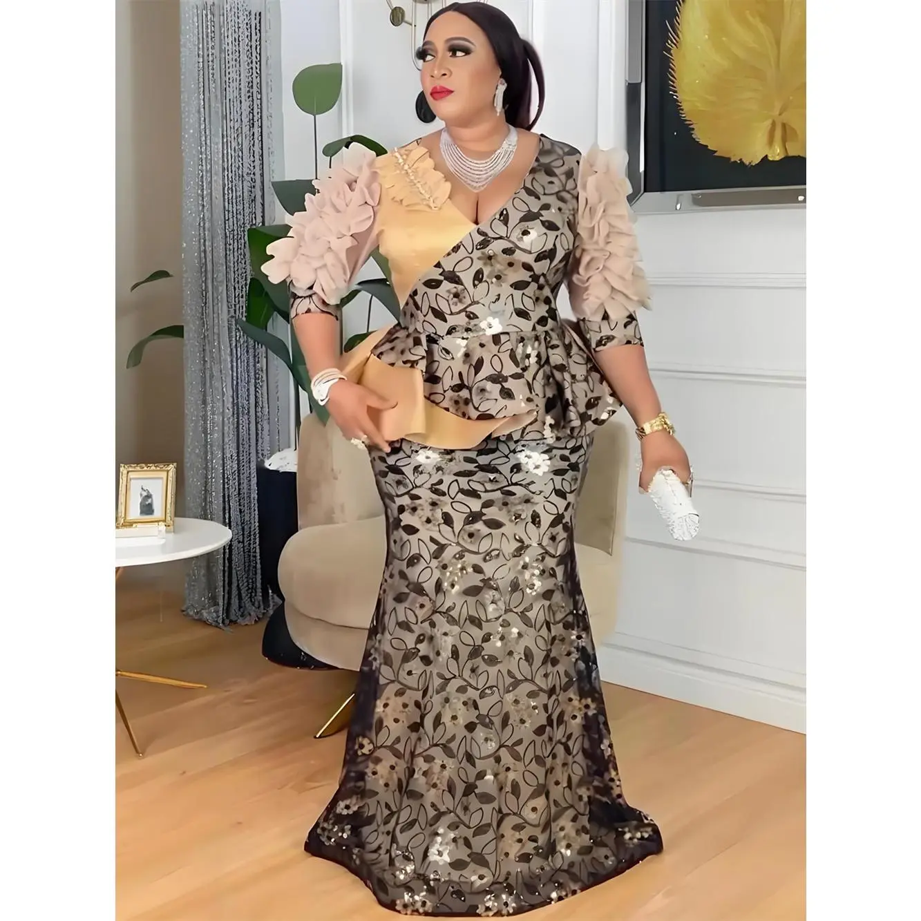 Women's Plus Size African Dashiki Bodycon Dress - Short-Sleeve Sequin Plant Pattern Ankle-Length Evening Formal Gown, Fitted, African Dresses Style, Party Wear, XXXL, Elegant Commute Look