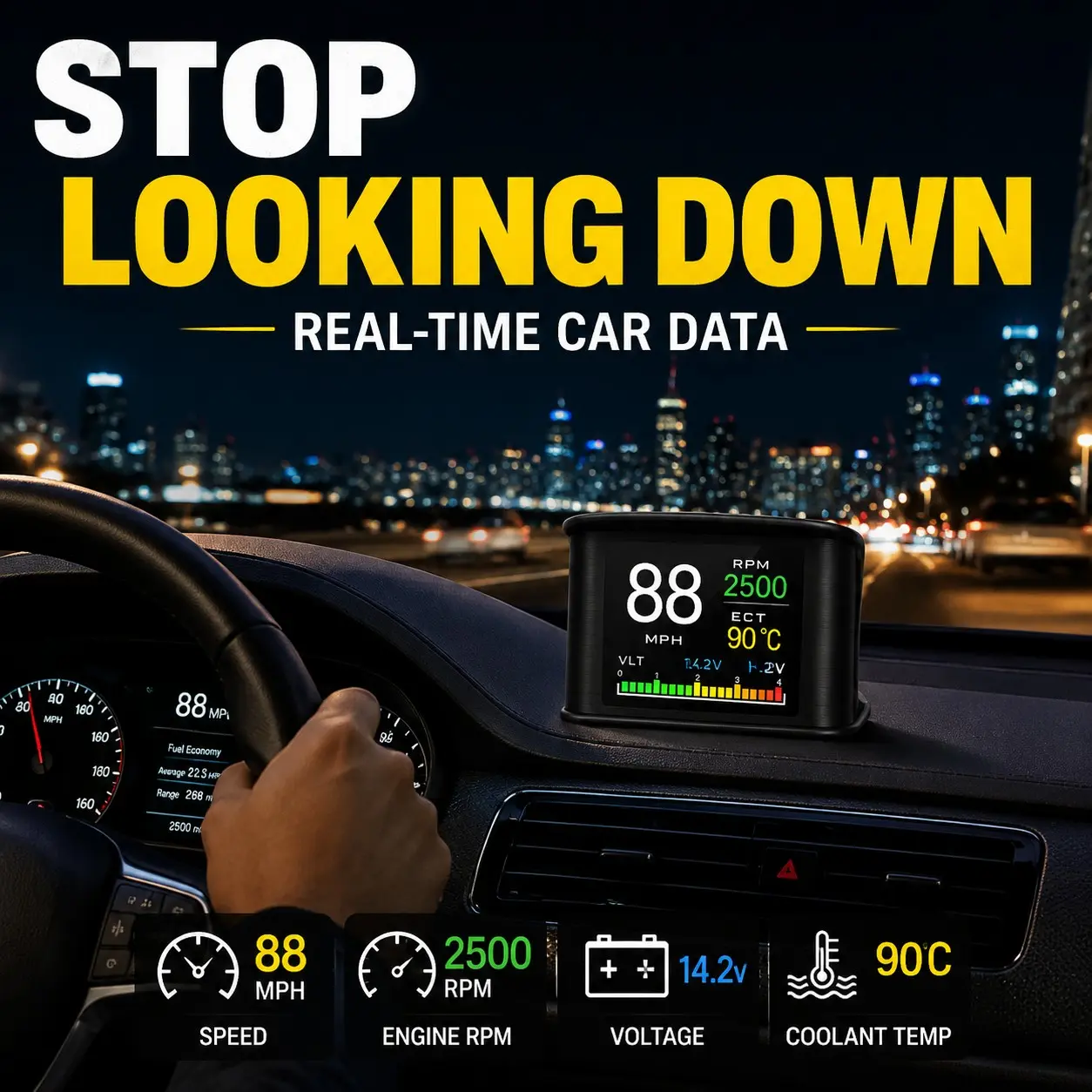 OBD2 Car HUD Display, Smart Digital Dashboard Gauge with Real-Time Speed RPM Voltage Water Temperature Fuel Data Monitor for Most Cars After 2008