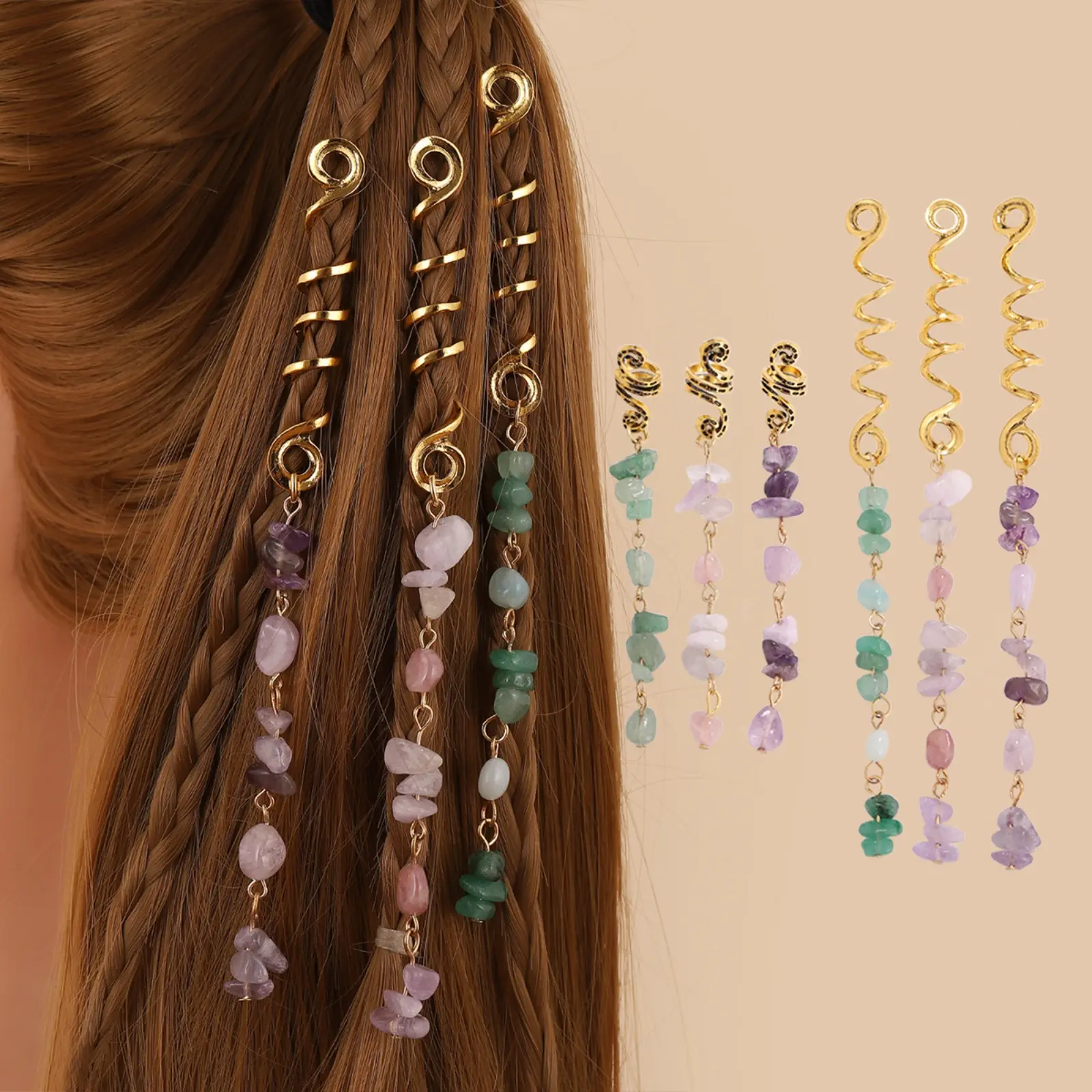 6Pcs/2Pcs Bohemian Braided Hair Tie with natural stone pendant, retro ethnic hair ring and clips. Bold European & American style, ideal for dreadlocks and vintage hairstyle styling.