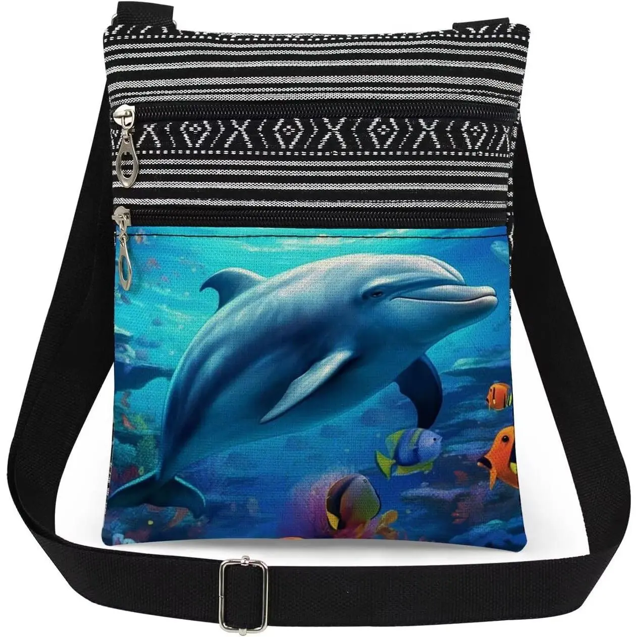 Dolphin Adjustable  Strap Crossbody Bag Sea Life Print with Colorful Fish and Coral Messenger Bag Fun  for Sea Lover Adults Birthday or Christmas​​ Dolphin Lover