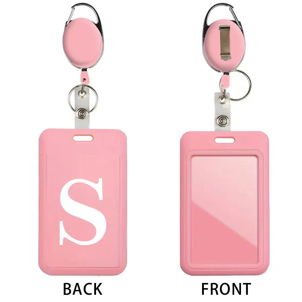 Letter-Pattern ID Badge Holder with Retractable Reel, 1 Set Slim Vertical-Design Name Card Holder with Clip & Keyring, Name Tag