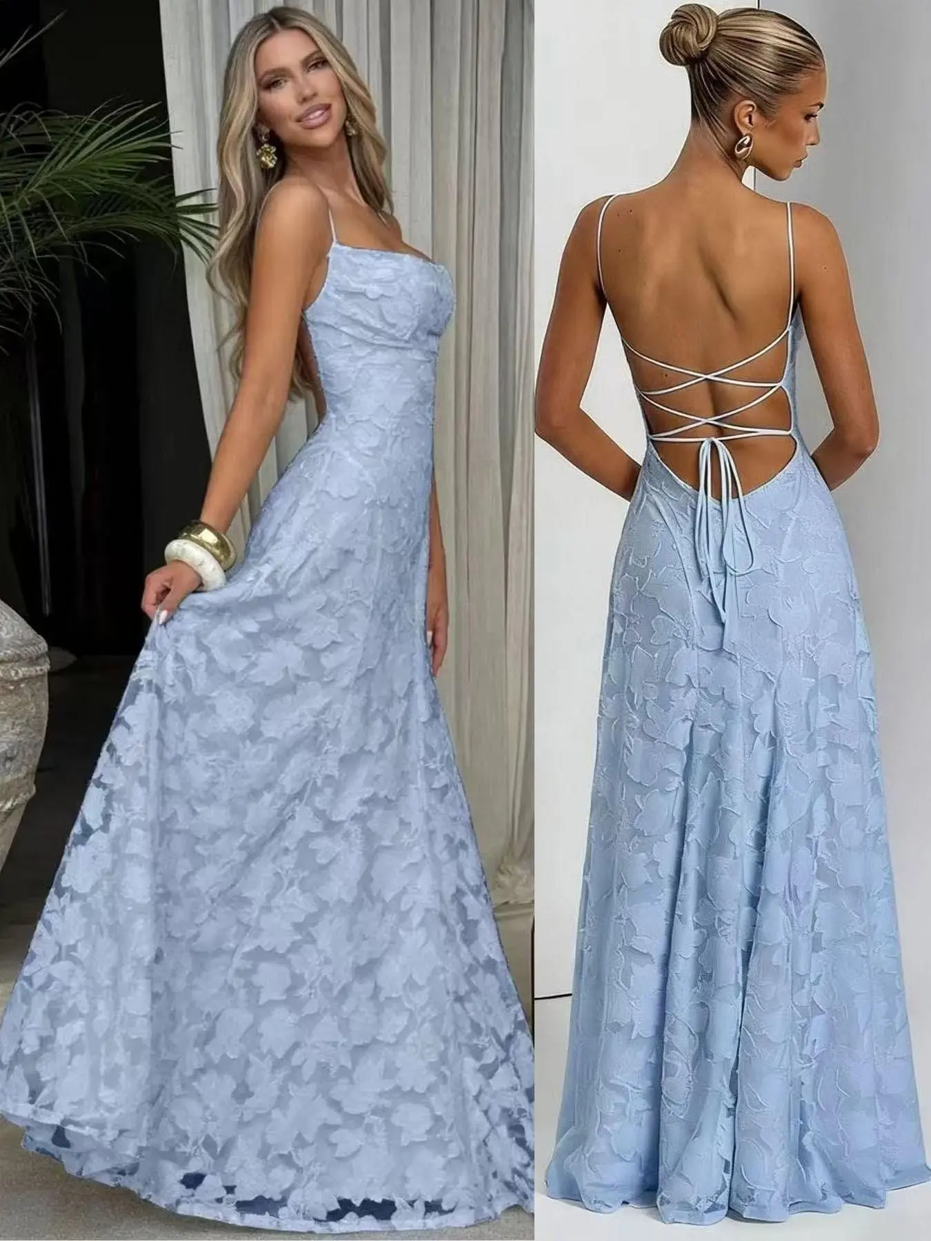 2026 Summer New Elegant Sexy Chic Embroidered Long Pleated Flowy Dress, Solid Color Backless Tie Strap High-End Halter Long Dress, Beach Resort French Vintage Lace Dress, Formal Evening Gown