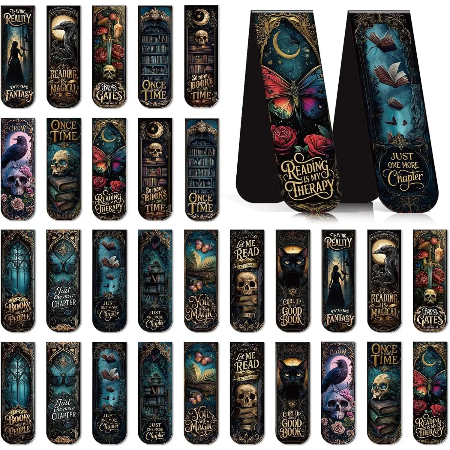30-Count Gothic Romance Mini Clip Bookmarks - Gothic Skulls, Butterflies Design Page Markers with Mystery Vibe, Practical Office Stationery for Women Book Lovers, Ideal for Birthday Party Use