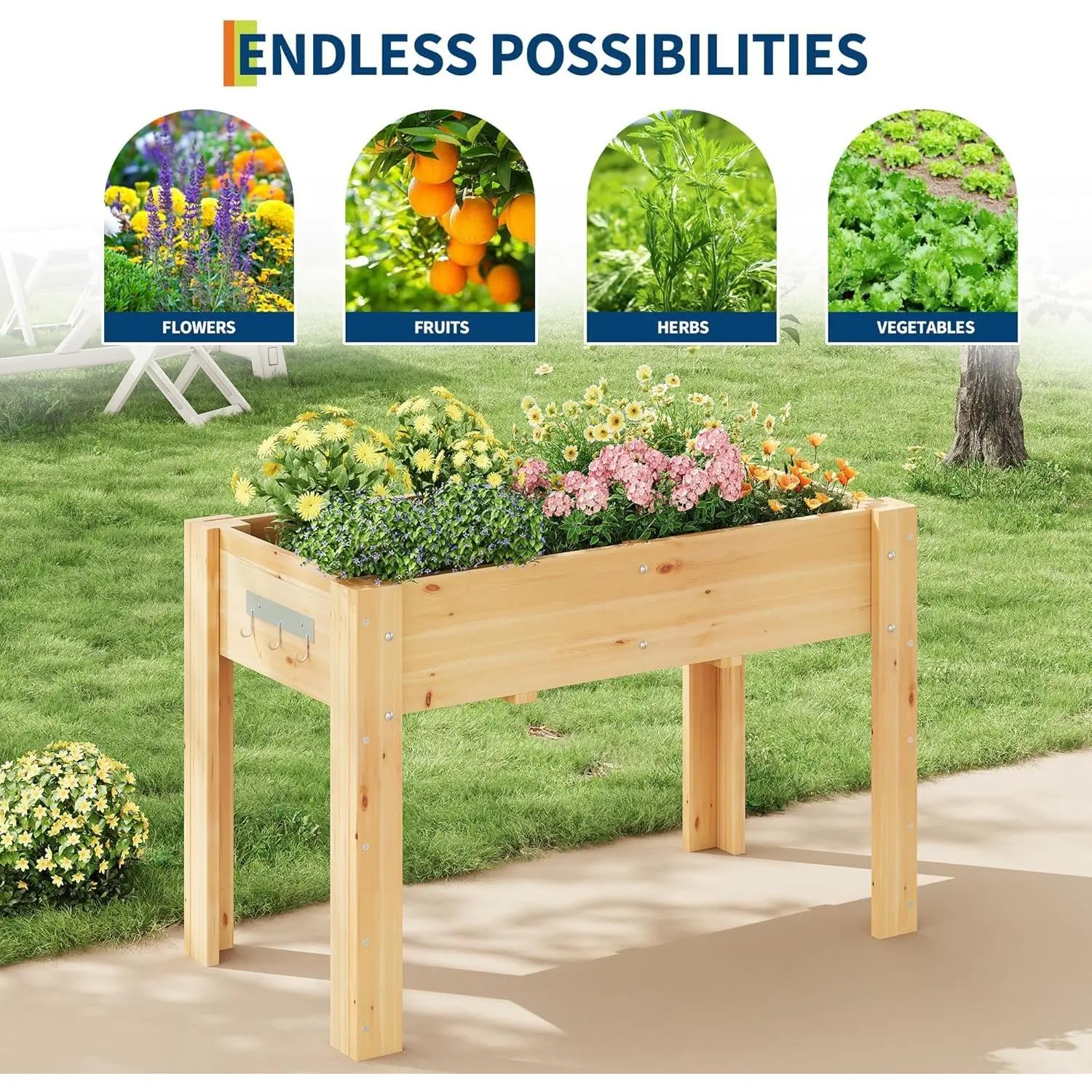 Garvee 67" Raised Garden Bed with Trellis & Roof – Elevated Wooden Planter Box with Legs, Hooks & Drainage – Freestanding Outdoor Planter for Flowers, Vegetables, Herbs – Perfect for Yard, Patio, Balcony