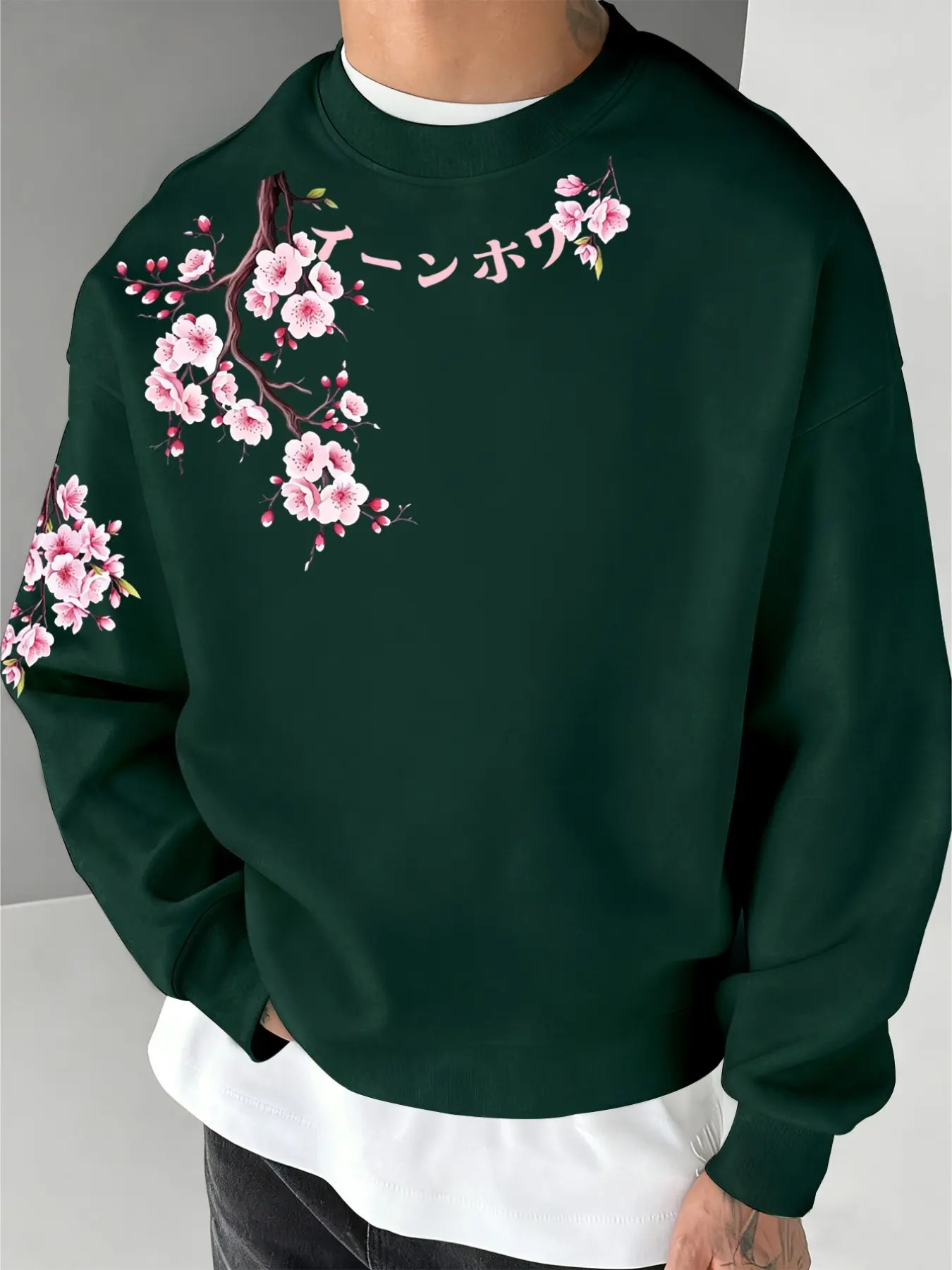 Men's Round Neck Sweatshirt, Cherry Blossom and Japanese Letter Print, Long Sleeve Loose Fit, Casual Street Style, Fall & Winter Fashion