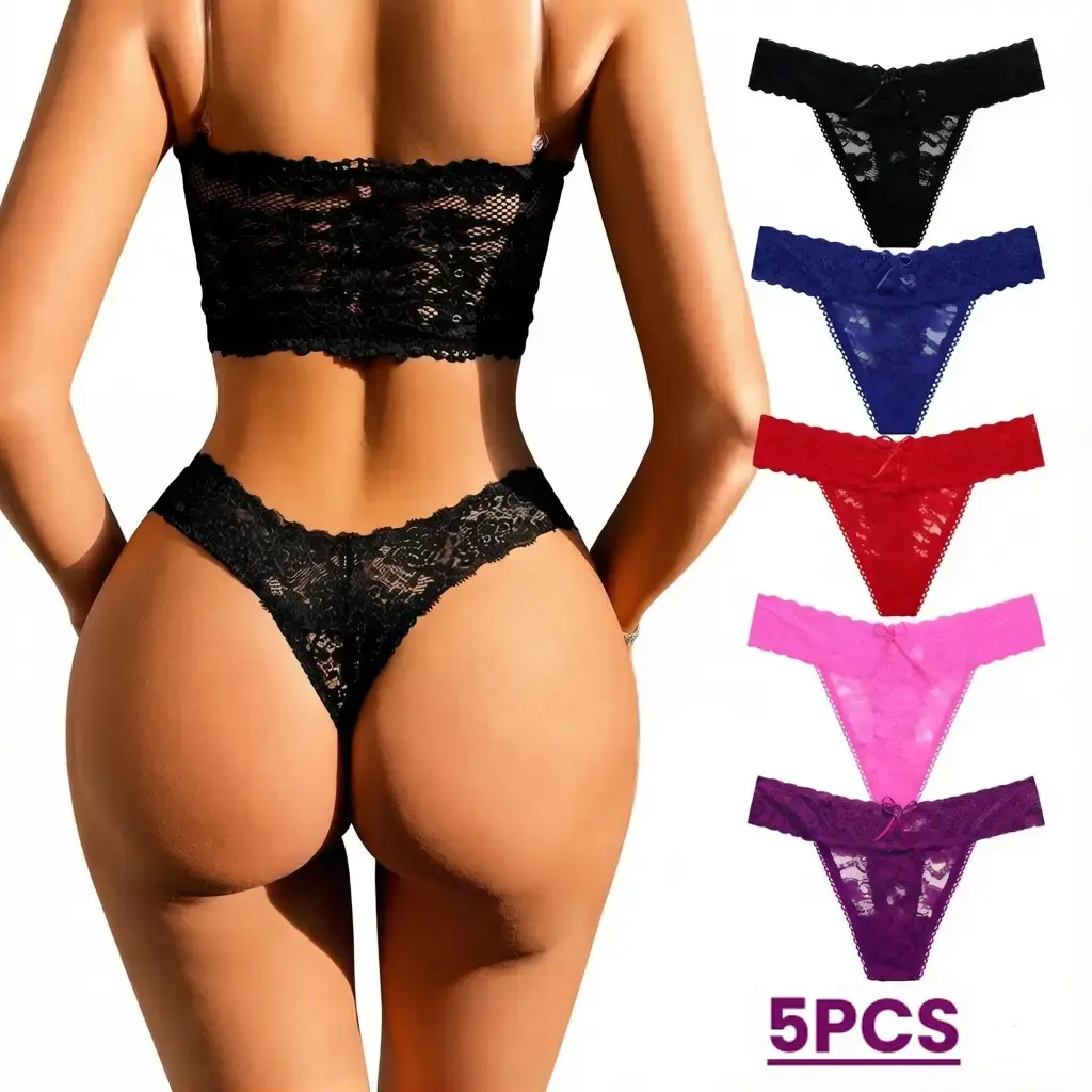 Women’s 5-Pack Lace Trim Thong Panties Set, Low Waist Soft Stretch Breathable Underwear, T-Back Seamless Cotton Nylon Intimates, Y2K Aesthetic Minimalist Daily Wear Comfortable Fit Lingerie Set for Women, Everyday Use, Home, Travel & Active Lifestyle Look