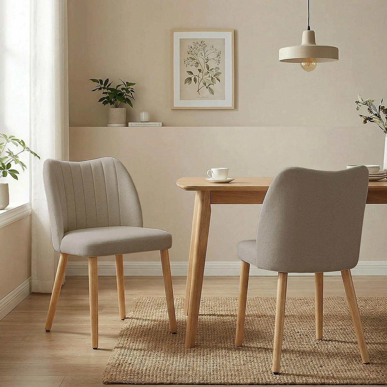 Garvee Set of 2 Upholstered Dining Chairs, Armless Nordic Side Chairs - Curved Backrest, Linen Fabric, Solid Wood Legs, Tool-Complimentary Assembly - 47W x 51D x 78H cm