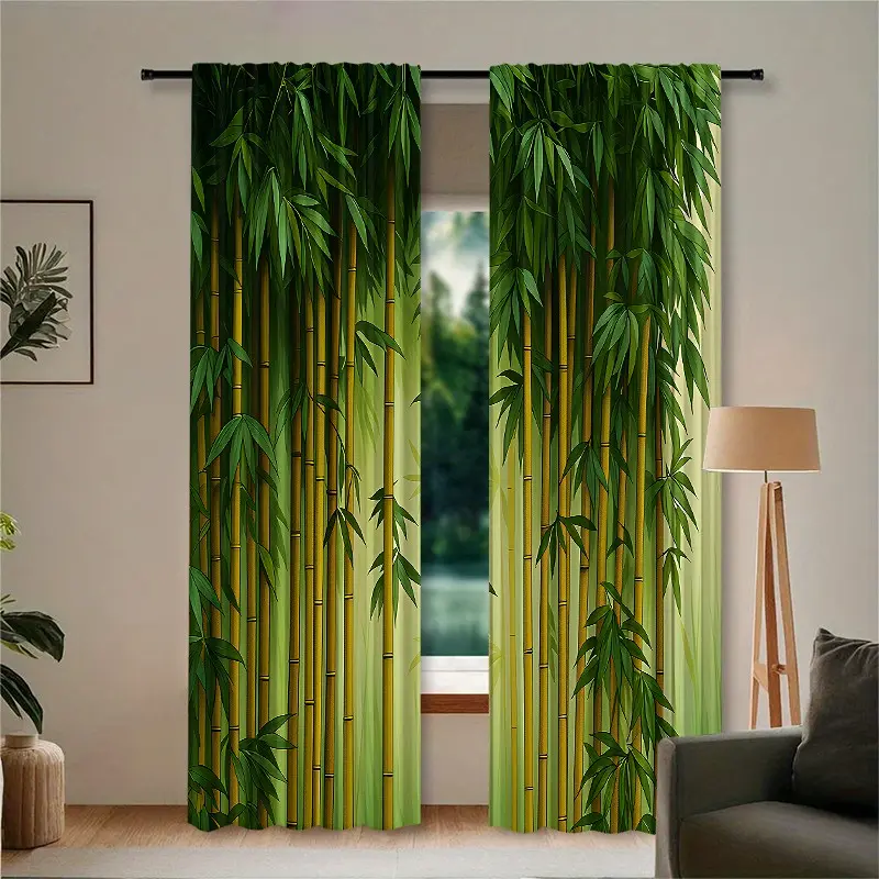 2pc, installed using pocket rod method, digital dark green bamboo leaf patterned window curtains, Window Drapes, suitable for living room, closet, bedroom, study, dining room, and home decoration.