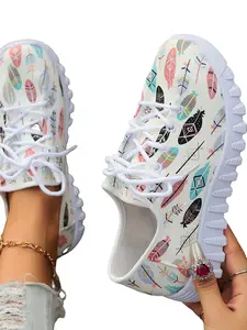 Colorful Feather Print Thick Sole Casual Sports Shoes for Women, Lace-Up Zigzag Platform Lightweight Breathable Daily Jogging Shoes