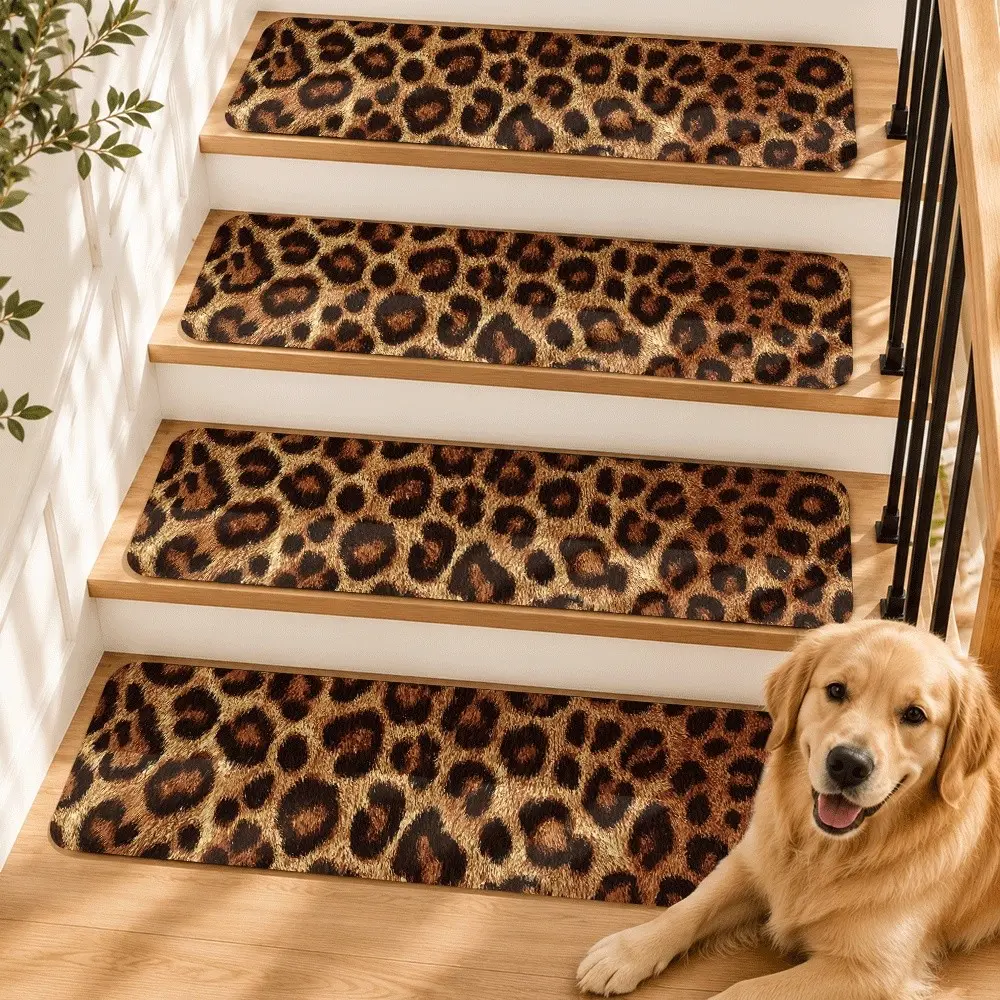 15pcs Luxury Leopard Print Stair Treads,  Washable Stair Mats for Wooden Steps, Soft Diatom Mud Surface, Natural Rubber Backing, Pet Friendly, Protect Hardwood Stairs, Modern Home Decor, Anti Slip Rugs