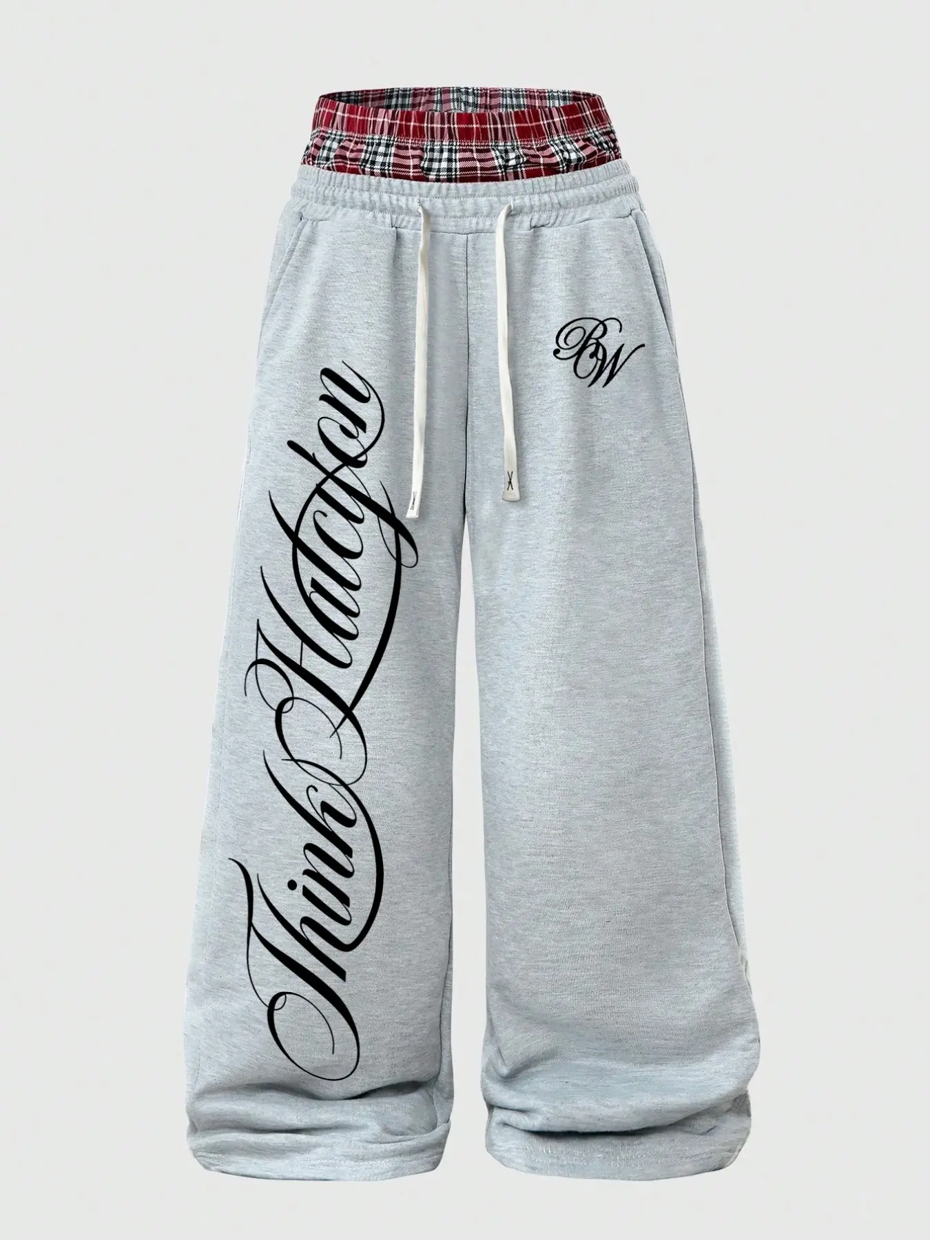 Men's Plaid Double-Layer Waist Letter Print Wide Leg Baggy Sweatpants, American Vintage High Street Drop-Waist Casual Long Pants, Fall Comfortable Fashion, Menswear