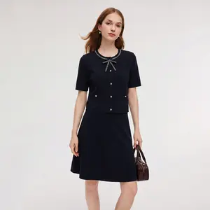 Tencel Wool Knit Cardigan and Half Skirt Two-Piece Set with Bowknot