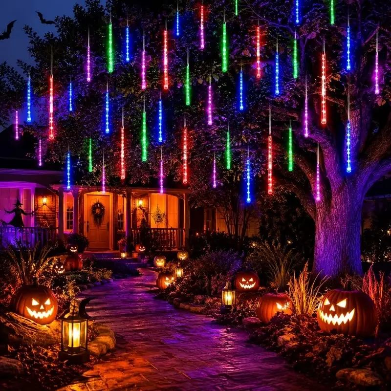 LED Solar Shower Star Light, 8-Tube Solar Raindrop Lamp, Outdoor Hanging Festival String Lights, Garden, Courtyard, Christmas Tree, Halloween