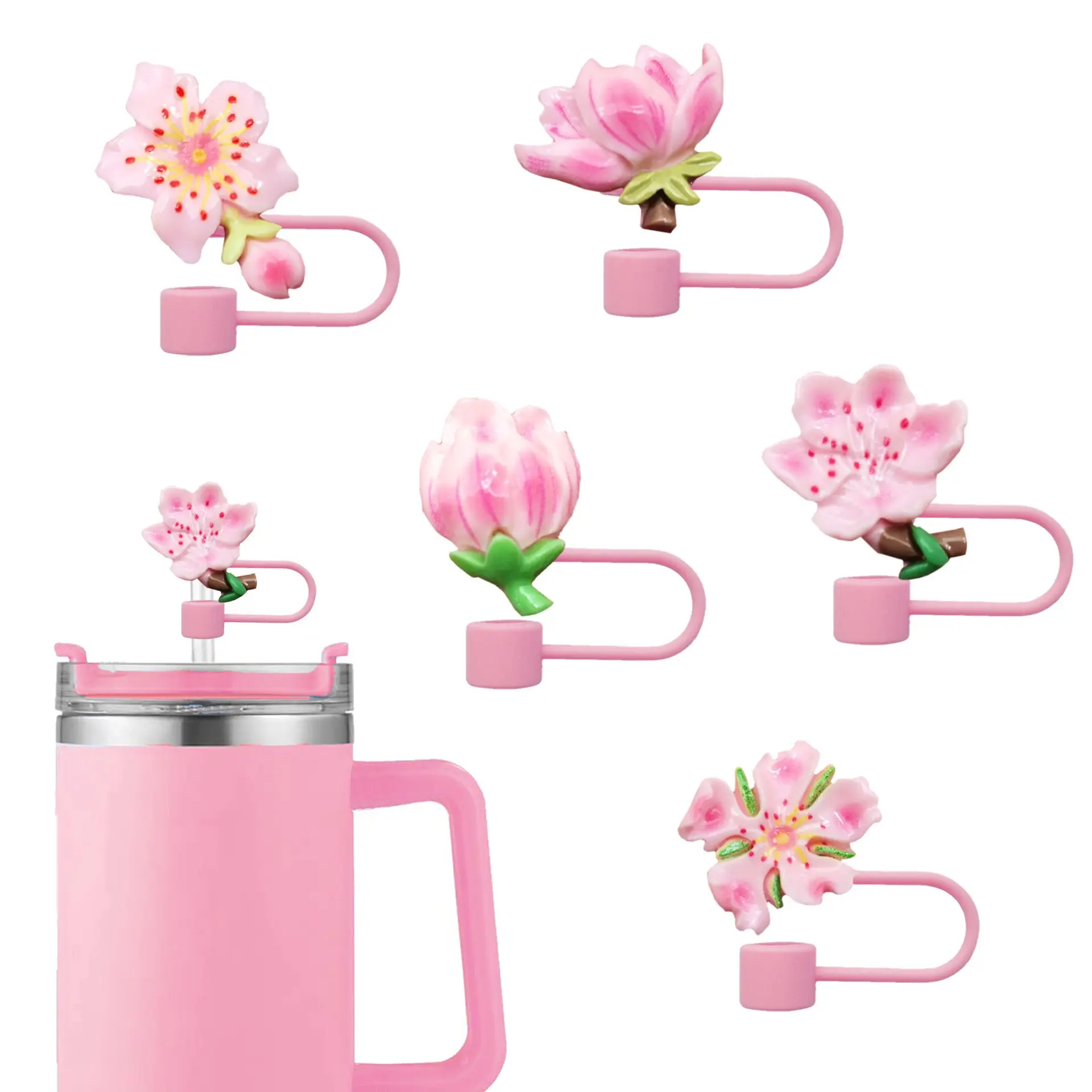 5/10pcs Cute Cherry Blossom Straw Covers, Silicone Straw Topper, Reusable Straw Tip Protectors for 10mm/0.4 Inch Straws, Dustproof Straw Caps, Stanley Accessories