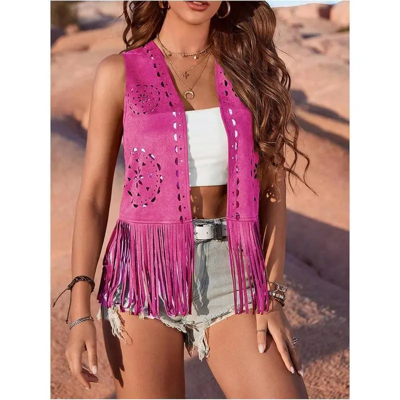 Women's 70s Hippie Aesthetic Faux Suede Fringe Tassels Sleeveless Vest, Cowgirl Western Cardigan Top (Sheets), Aesthetic Vest, Fashion Vest Sleeveless