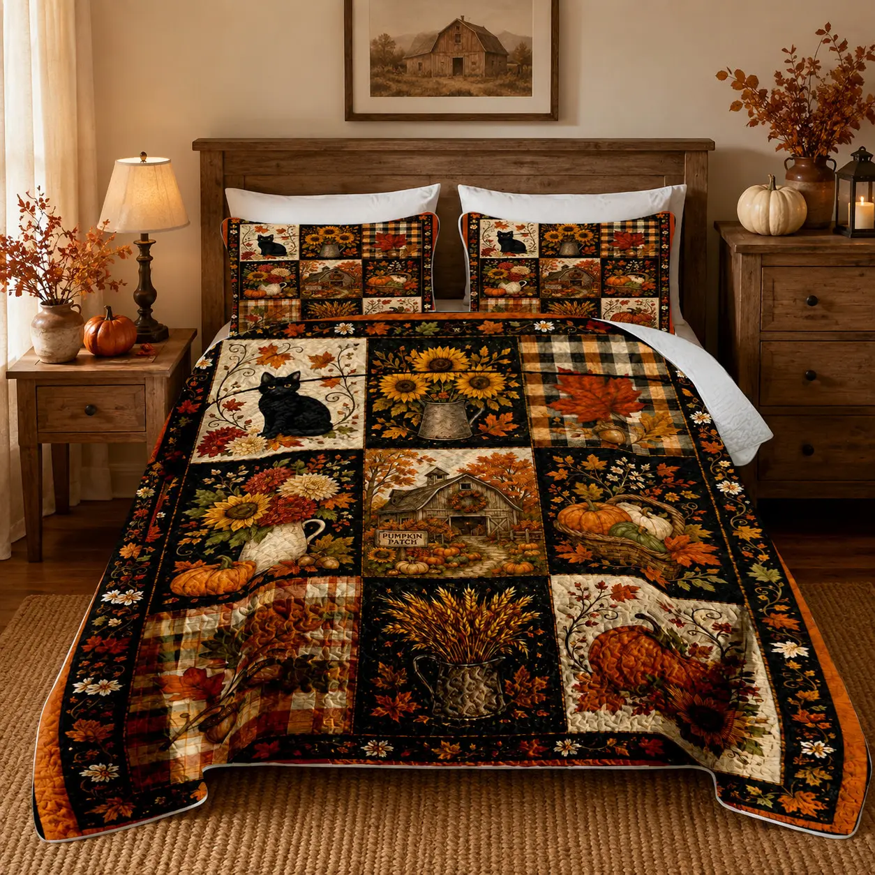 Back to School 3-Piece Black Cat Pumpkin Sunflower Quilt Set, Farmhouse Patchwork Bedspread with 2 Pillow Shams, Cozy Bedding Set, Soft Lightweight Breathable All-Season Bedding for Queen/King Beds, Thanksgiving Decor