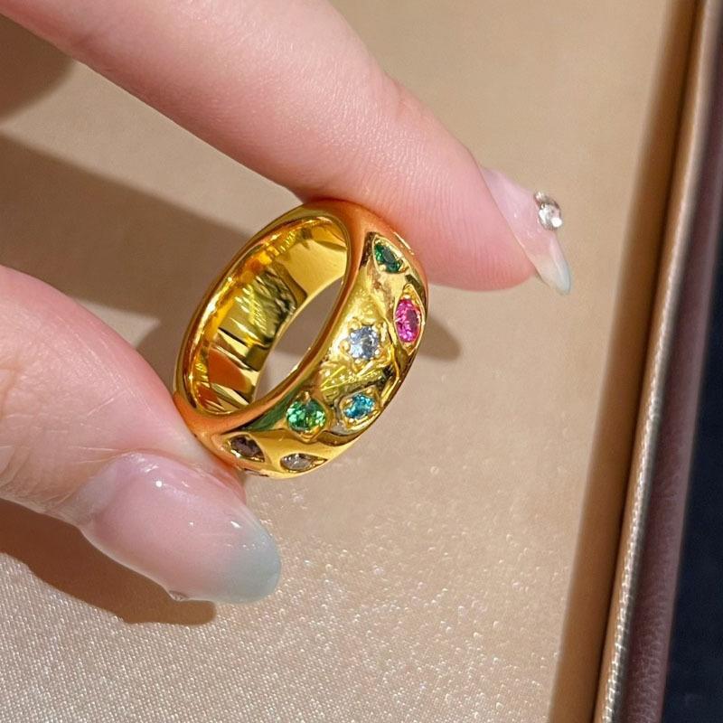 Fashionable and trendy light luxury high-end wide and narrow inlaid colorful sparkling diamond rings with unique design, suitable for stacking, personalized and stylish ring gift