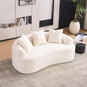 LY-025S Curved Loveseat White Full Compression Sponge Sofa, 30D Chenille No-Assembly Compact Sofa for Small Spaces & Apartments, 65"L, 300 lbs, 3 Pillows