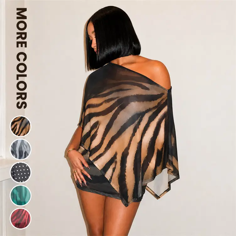 Women's 2-Piece Skirt Set, Elegant Animal Print Loose Asymmetrical Drape Top in Sheer Fabric with Matching Slim-Fit Mini Skirt, Feminine, Soft, Style, Women's Clothes, Layered Drapes
