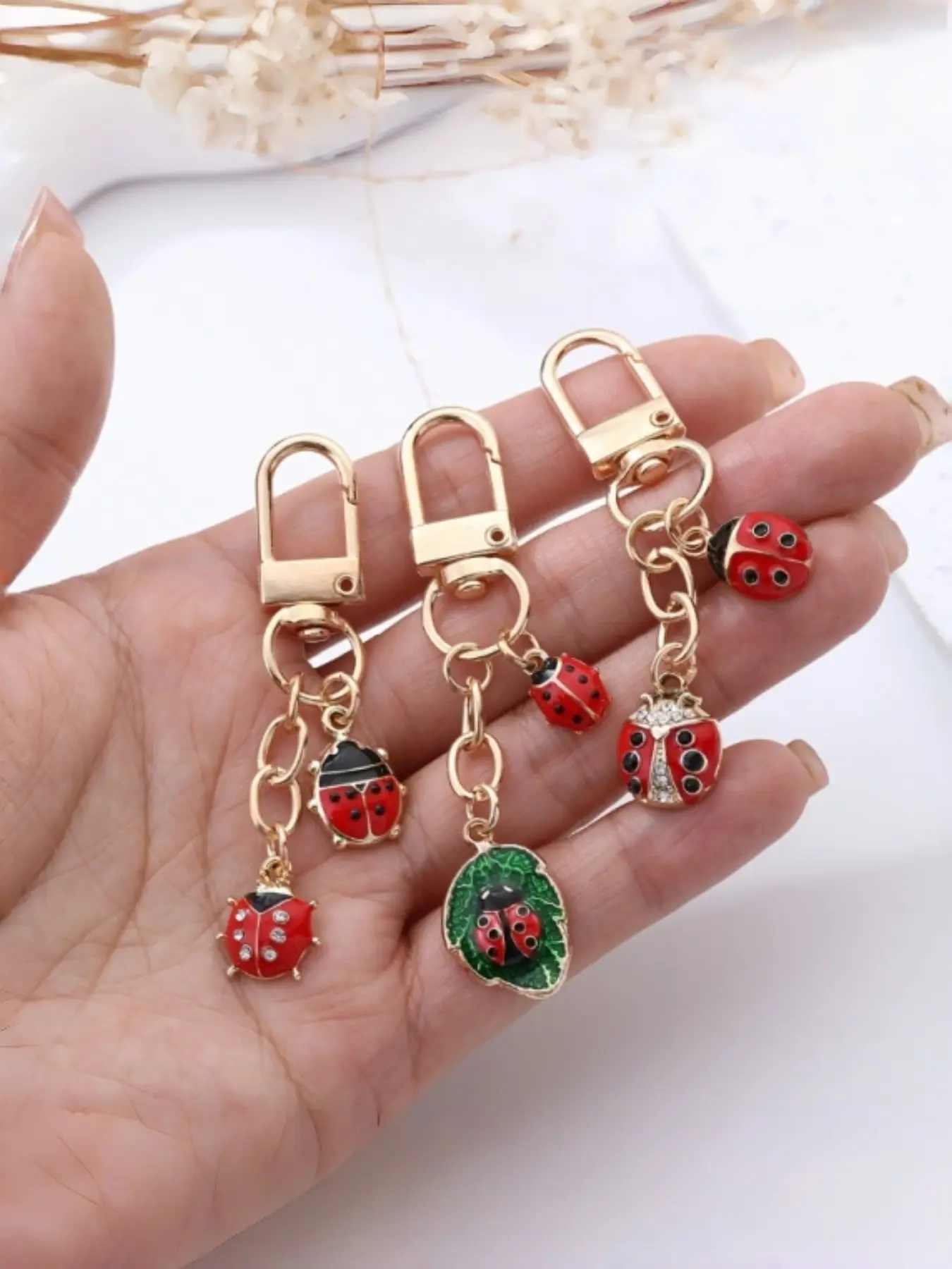 3pcs Ladybug Keychains, Enamel Bug Pendant with Crystal Gems & Leaf Design, Perfect Accessory for Bags & Wallets, Ideal Mother's Day Gift