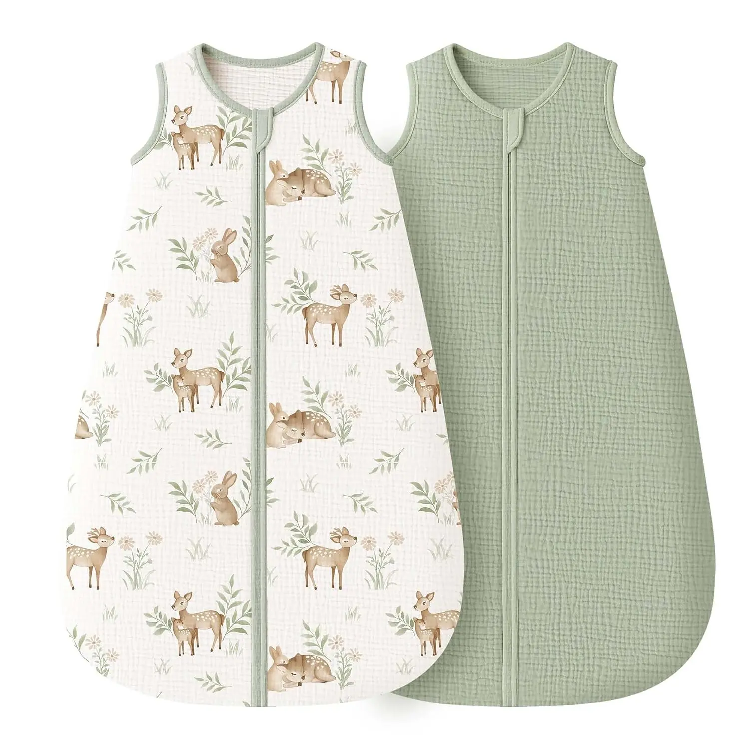 Muslin Baby Sleep Sack 0-6 Months 0.8 TOG, 2 Pack 100% Cotton Wearable Blanket for Babies, 2-Way Zipper Breathable Sleeping Sack Infant Toddler Essentials for Girls and Boys (Woodland,Sage)