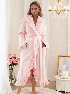 Women's Elegant Ruffle Long Sleeve Bathrobe, French Terry Warm Robe with Pockets, Fall & Winter Thick Fitted Homewear