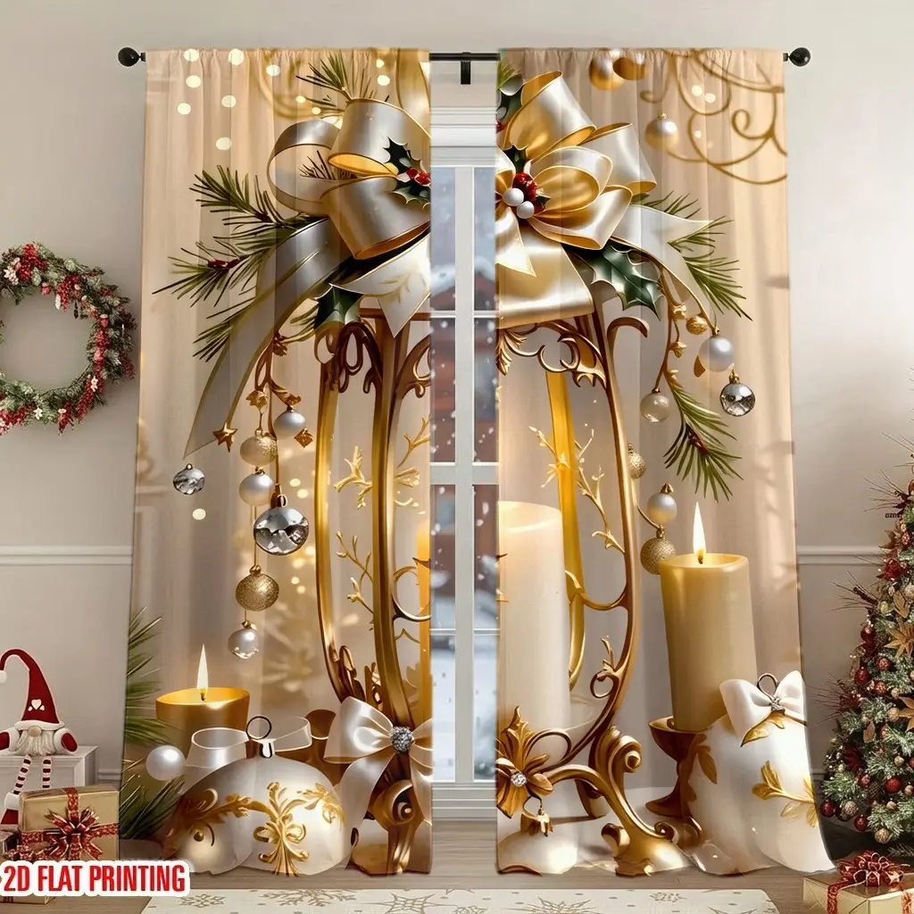 2Pcs Luxury Christmas Lantern Candle Bow Ornaments Curtains, Digital Printing Technology, Light Filtering Privacy Protection, for Living Rooms, Bedrooms, Holiday Home Decor