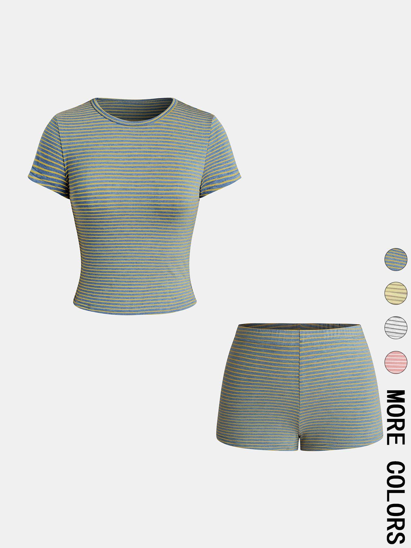 Women's Casual Striped Top & Shorts Set, Slim-Fitting Crop/t-Shirt Combo, All-Season Plain Style, Perfect for Daily Wear