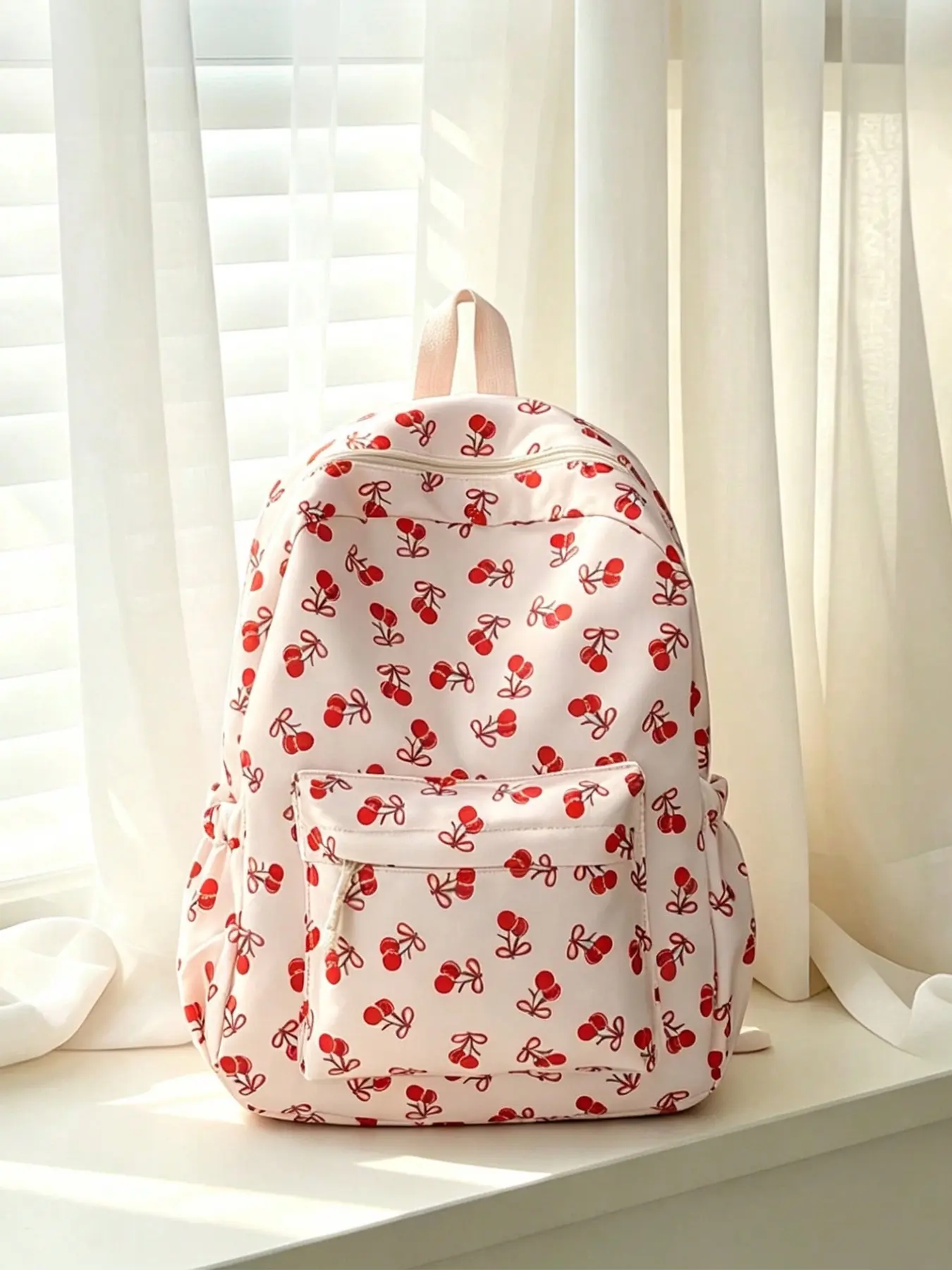 Cute Coquette Aesthetic Large Capacity Student School Bag Cream White Red Cherry Print Backpack Women Casual Travel Daypack For Teen Girls, All Over Print Kawaii Preppy Style Large Laptop Backpack Lightweight Casual Bookbag Weekend Travel Outdoor Bag