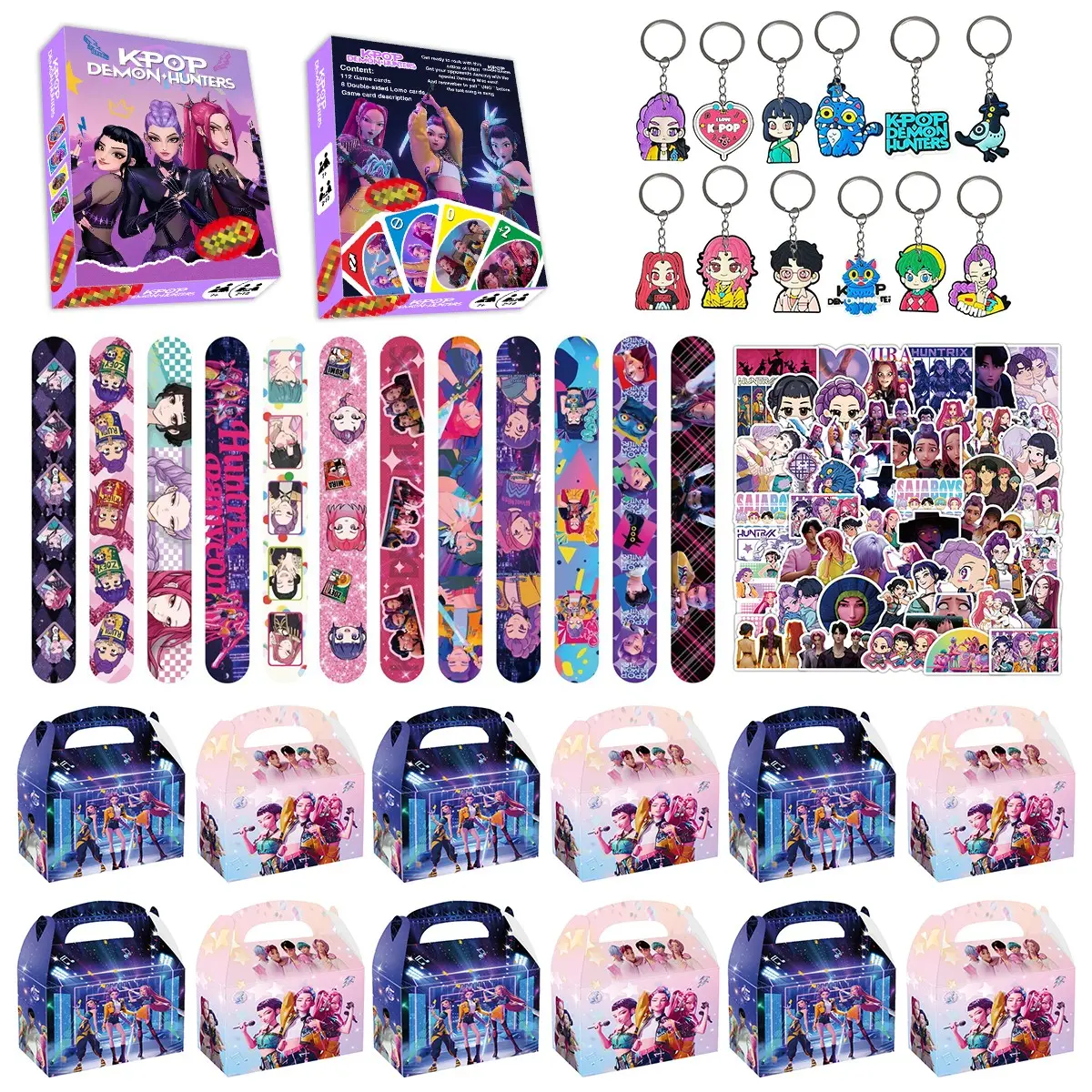 5 Korean cartoon girl group party gifts, perfect as party favors, including 12 cartoon gift bags, 12 bracelets, 120 game cards, 50 cartoon fridge stickers, and 12 keychains—everyone gets their own special gift