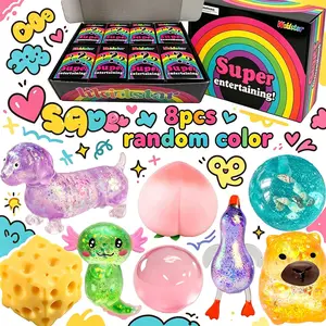 8PCS Creative Sensory Stress Squeezing Toy Set,Random color Anxiety Relief Fidget Toys, Creative Animal & Food Squeeze Toys for Desktop & Party Use