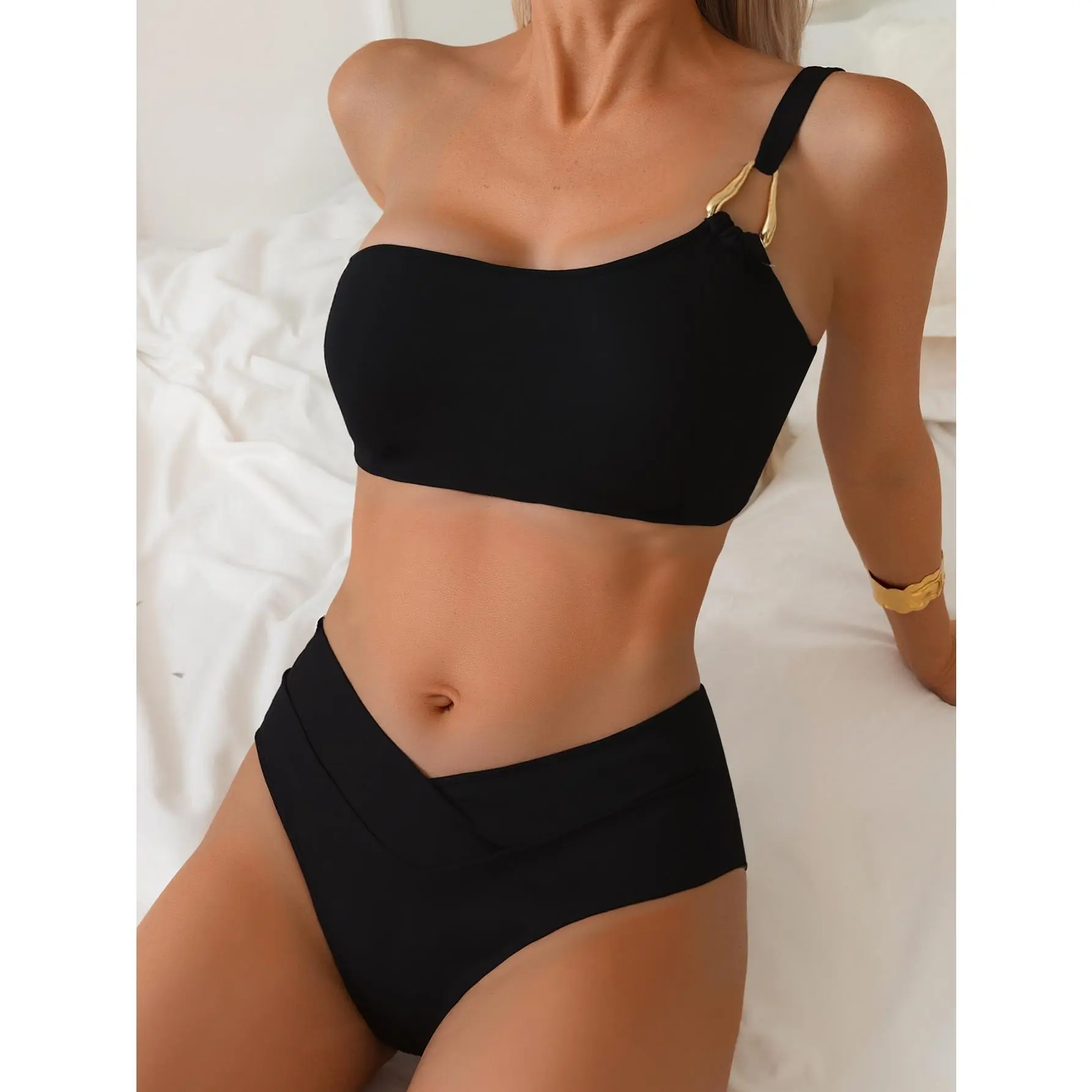 2026 Trendy Solid Black Bikini Set,Fixed Strap Bandeau Swim Top, Cross Wrap High Waist Tummy Control Bathing Suit,Ladies Swimsuit for Beach Holiday Vacation