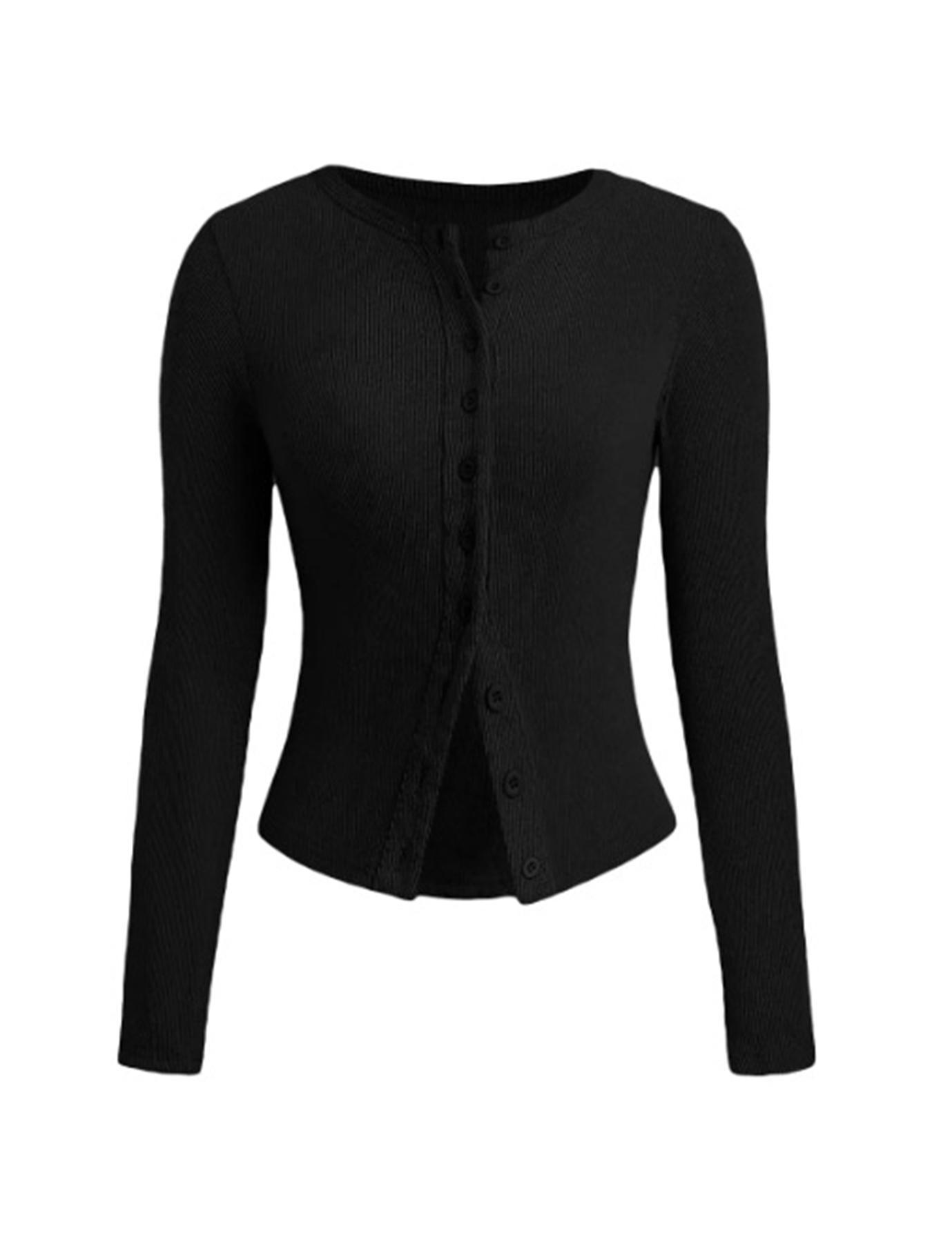 Basic Solid Color Round Neck Button Long Sleeve Slim Top