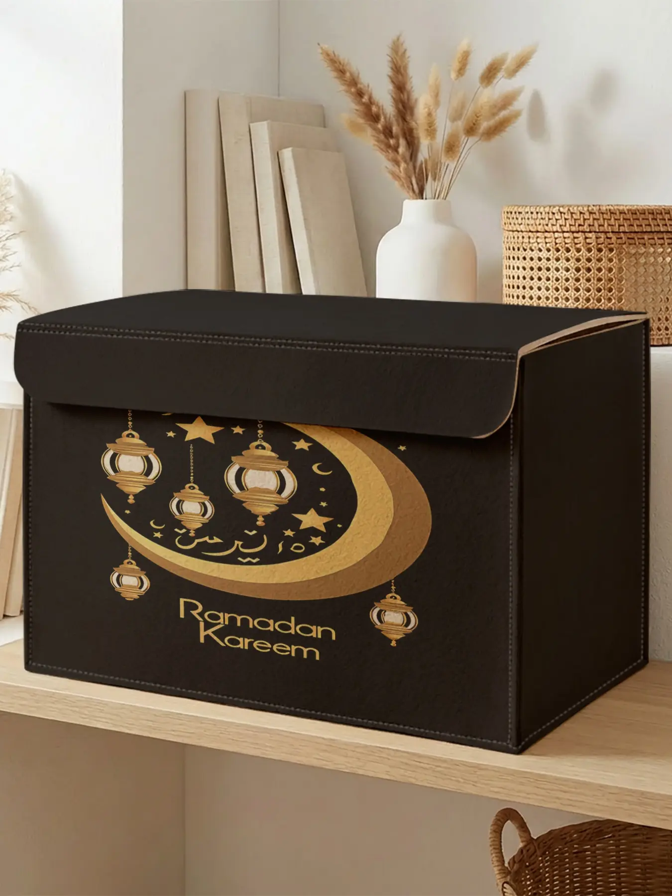 Moon Star Ramadan Blessing Storage Box, Felt Texture with Lid, Holds Clothes/snacks/documents, Ideal for Renters/students/moms, Unique Furniture Style