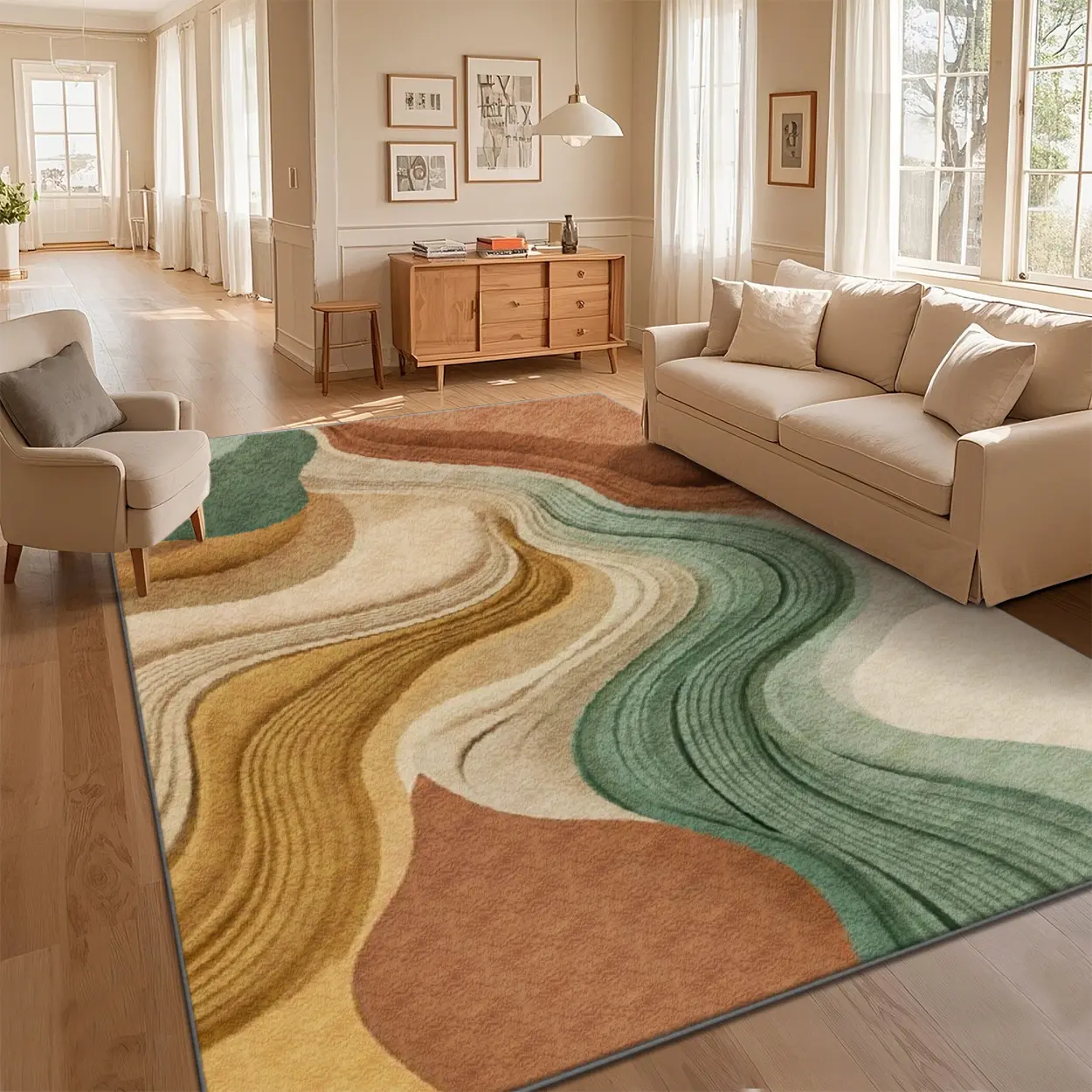 Local Delivery Multi Sizes Polyester Soft Layered Earth Tone Wave Landscape Style For Living Room Bedroom Nursery Playroom Washable Non Slip Boho Farmhouse Runner Rug, Living Room Decor, Rugs For Living Room