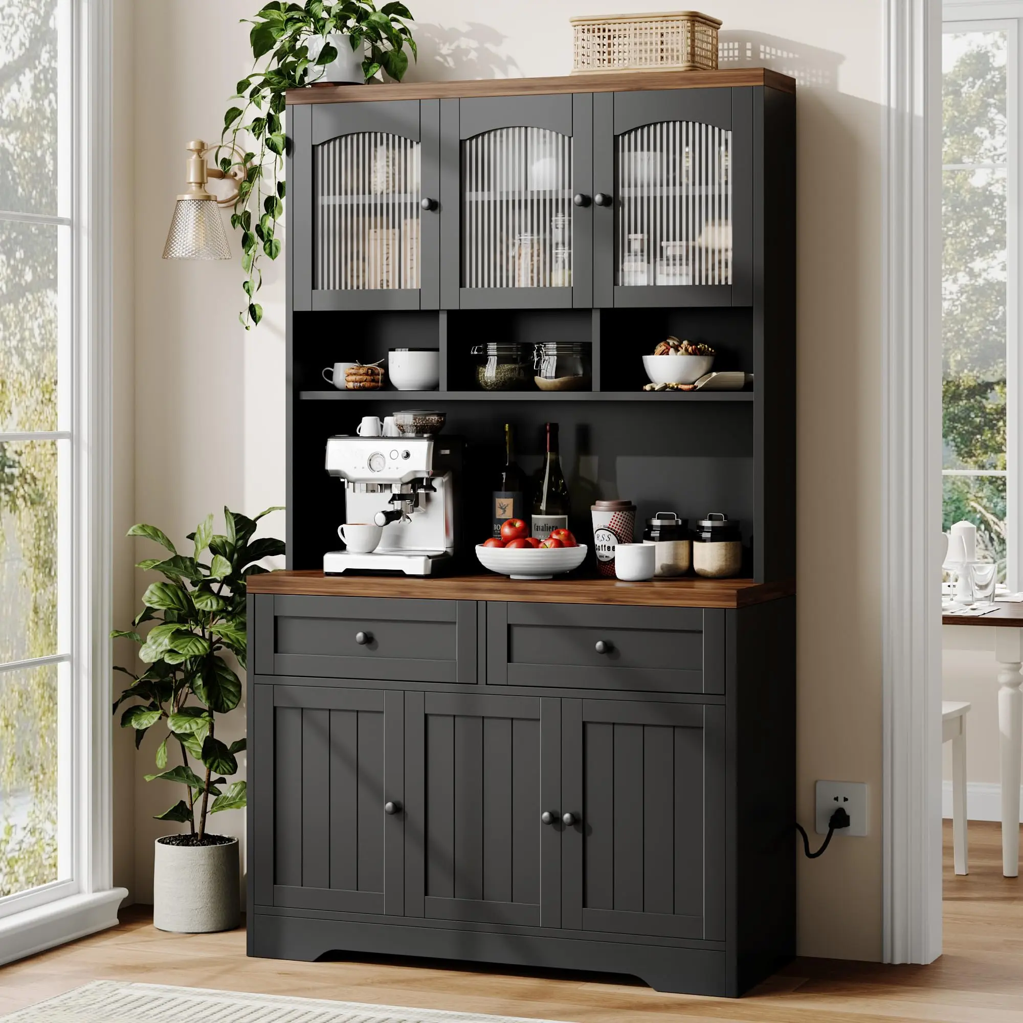 71" Tall Farmhouse Kitchen Pantry Cabinet - Built-in Charging Station and Microwave Stand - Ample Storage Drawers, Outlets - White Cabinet for Kitchen or Living Room