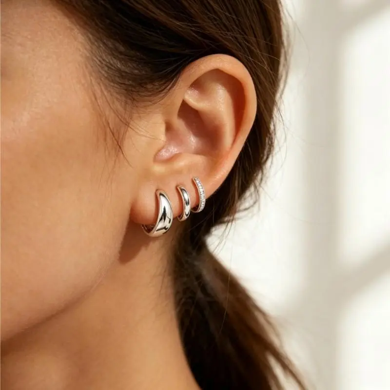 925 Silver Post Mini Hoop Earrings - 3 Pairs Curved Huggie Hoops, Glossy Smooth & Cubic Zirconia Paved, Layered Stackable Costume Jewelry for Casual Daily Wear, Mini Hoops, Adults