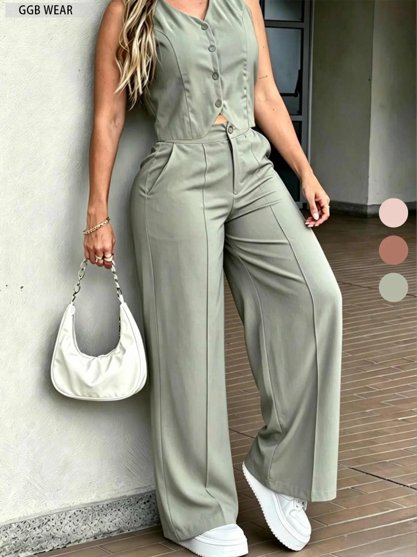 Women's New Spring Summer Sleeveless Waistcoat & Wide Leg Pants Two-Piece Outfit Set, Suits Commuter Casual Everyday Minimalist Fashionable Comfortable Matching Outfit