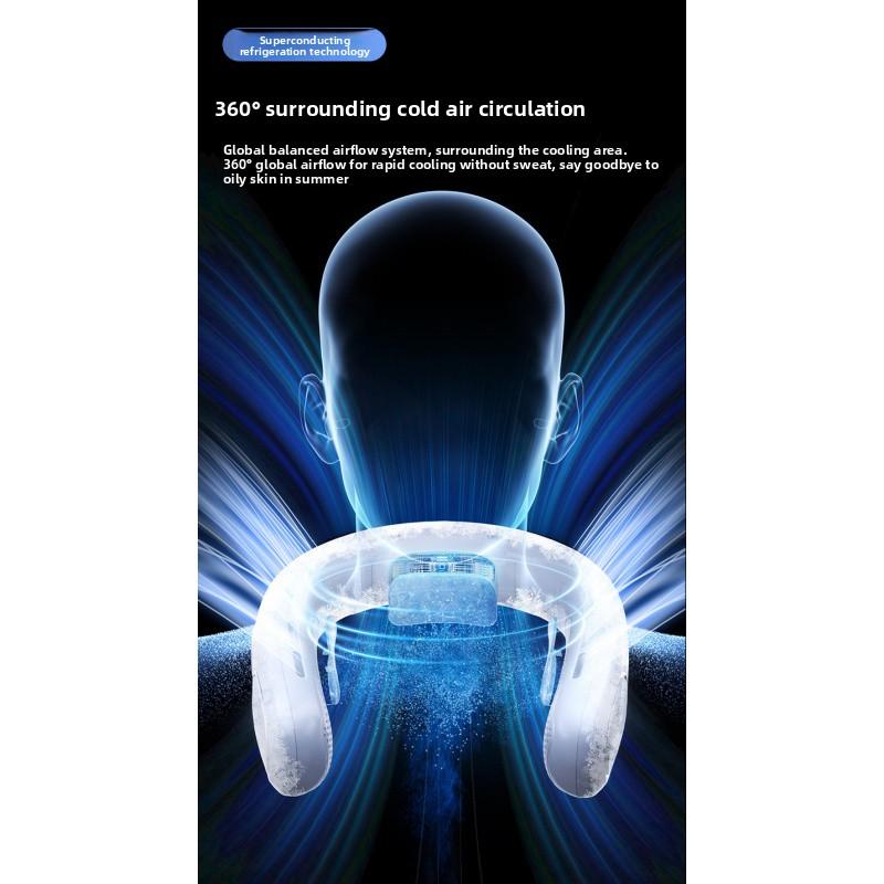 Portable hands-free neck fan with advanced semiconductor cooling technology. Features ice compress function and bladeless design for safe, comfortable cooling. USB rechargeable, lightweight and perfect for outdoor, travel, sports and daily use. Enjoy inst