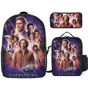Supernatural 3Pcs Game Backpack Set, 17Inch Daypack with Lunch Box And Pencil Case, Casual Large Capacity College Laptop Bag Travel Gifts
