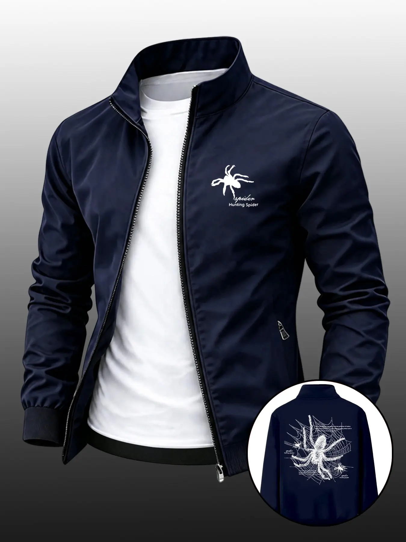 Men's Trendy Spider Print Lapel Sport Outdoor Jacket, Casual Zipper Outerwear, Casual Fashionable Jacket, Menswear, Durable Business Style, Perfect Gift, Spring & Fall, Casual Fitted Jackets