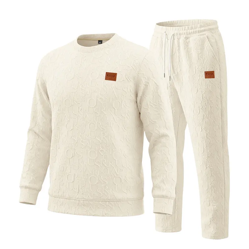 Men's Fall Winter Jacquard Letter Embossed Sweatshirt and Jogger Set, Casual 2 Piece Matching Outfit, Textured Knit Long Sleeve Tracksuit for Travel, Streetwear, Daily Wear and Outdoor Activities