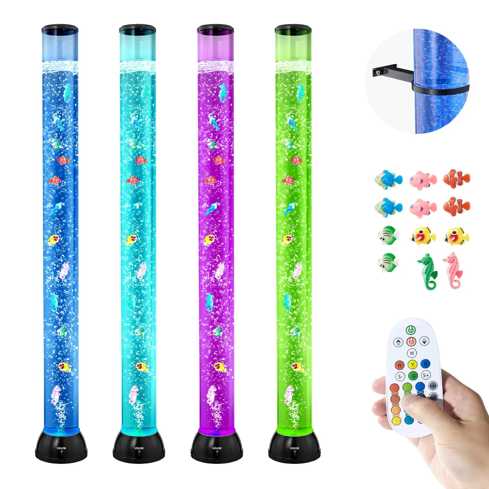 VEVOR Sensory Bubble Lamp (48 in Tube Shape), Stress Reliever with 10 Floating Fish, 16 Colorful Lights Effects, Remote Control, Calming Indoor Furniture for Bedroom Home Decor, Underwater Theme