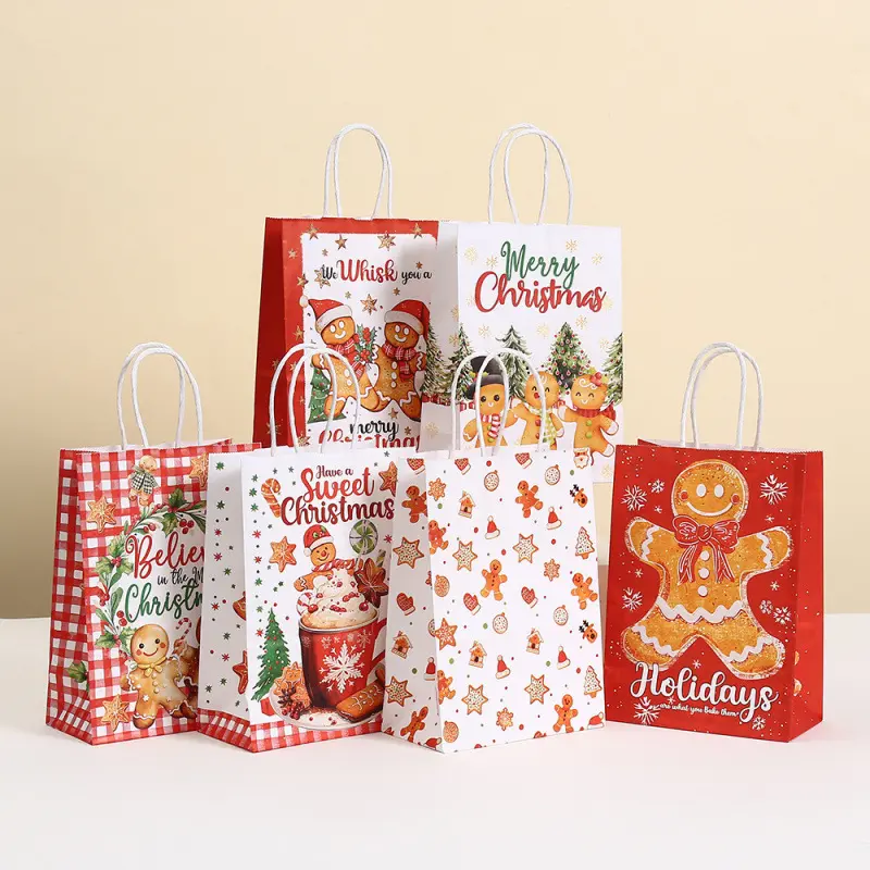 Christmas Gift Bags Cartoon Gingerbread Man Printed Kraft Paper Party Gift Tote Bags for Shopping and Presents